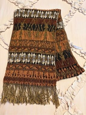 Textured Woven Pre-loved Fringe Scarf in Rust, Black & Gold